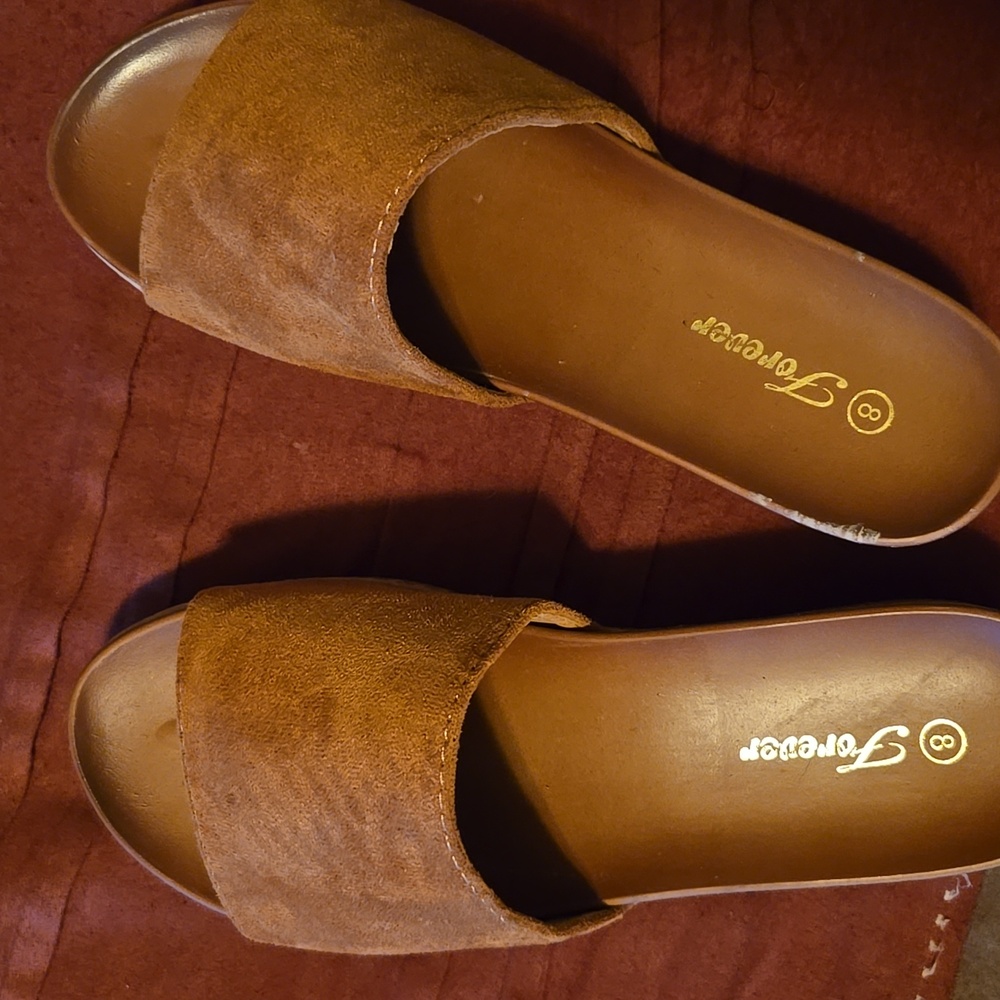 Faux Suede Tan Comfort Platform Sandal Slip On Sliders - Picture 13 of 14
